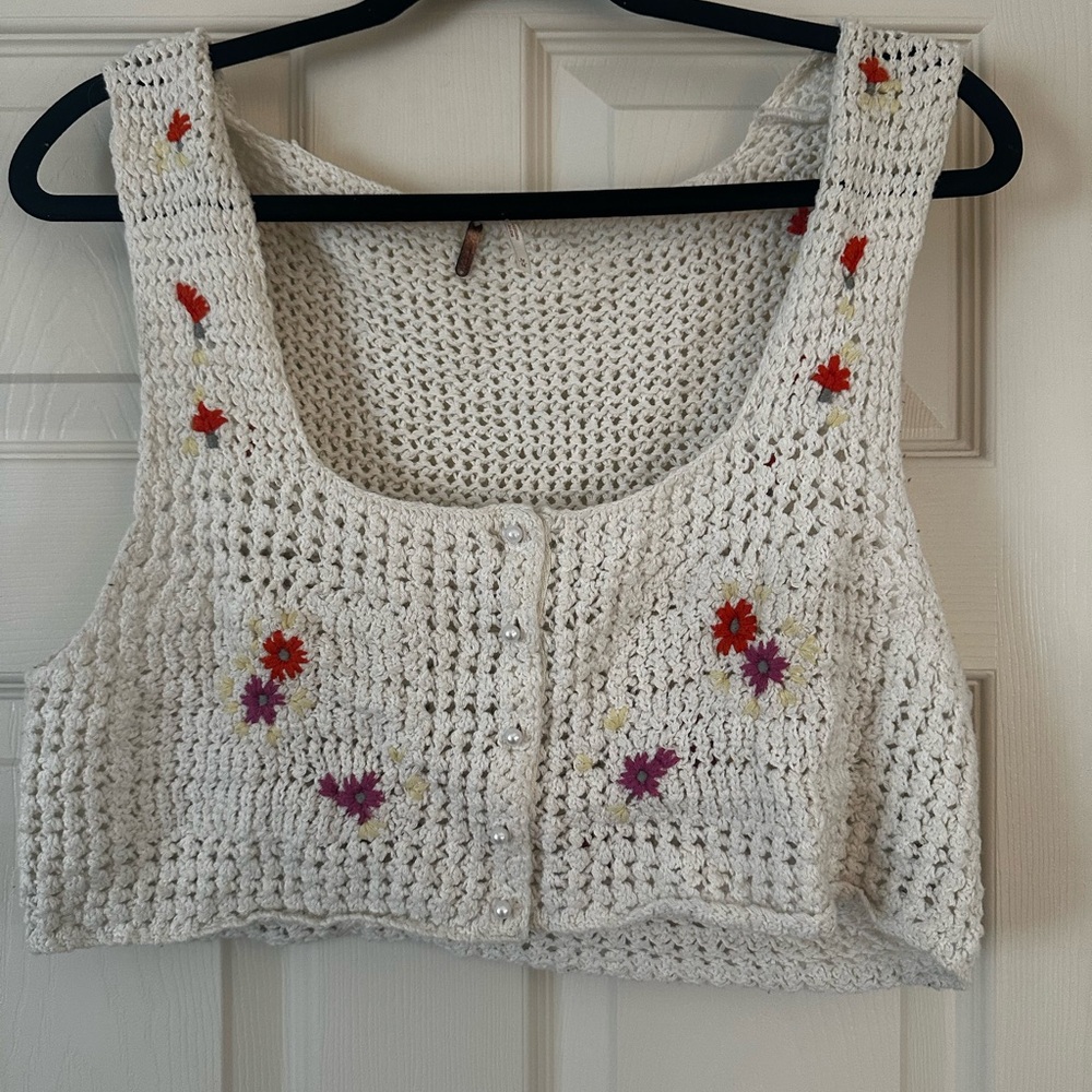 Free People White Crochet Crop Top with Floral Accents
